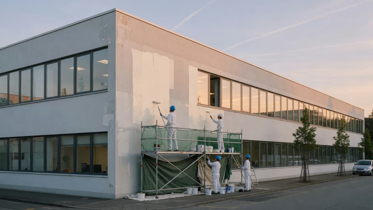 A crew painting the facade of a modern commercial building from scaffolding