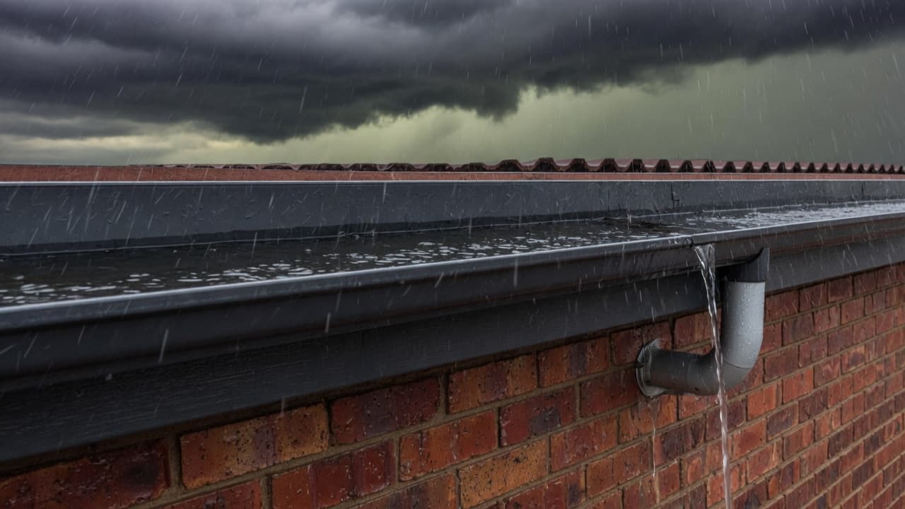 Continuous dark aluminium gutter carrying storm rain into a downpipe