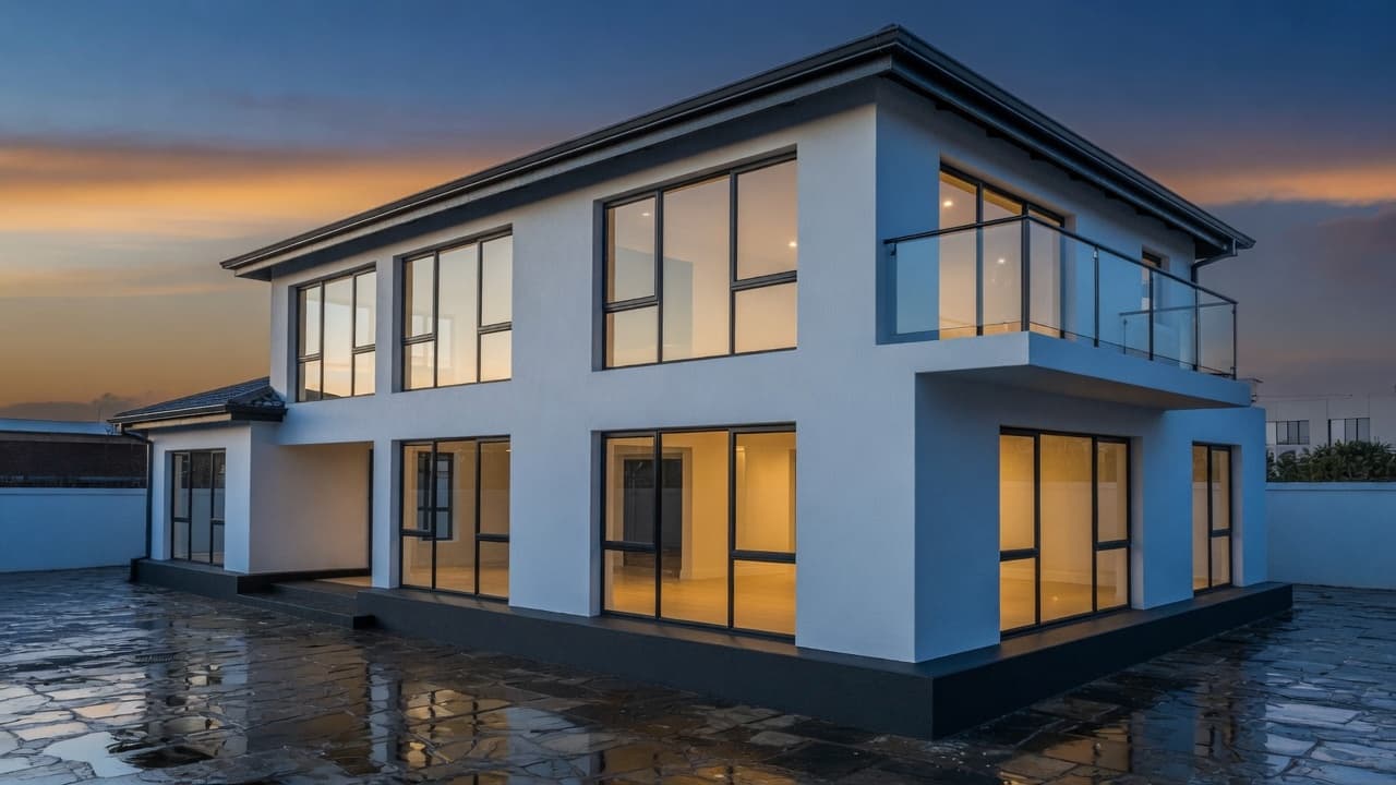 Freshly painted double-storey home at dusk, with a continuous gutter and charcoal plinth