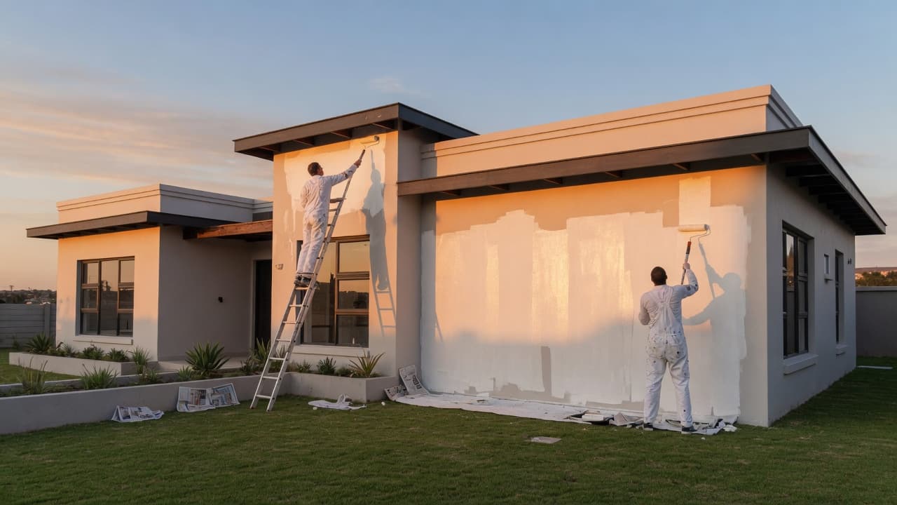 Painters rolling a fresh coat onto a contemporary house at sunset