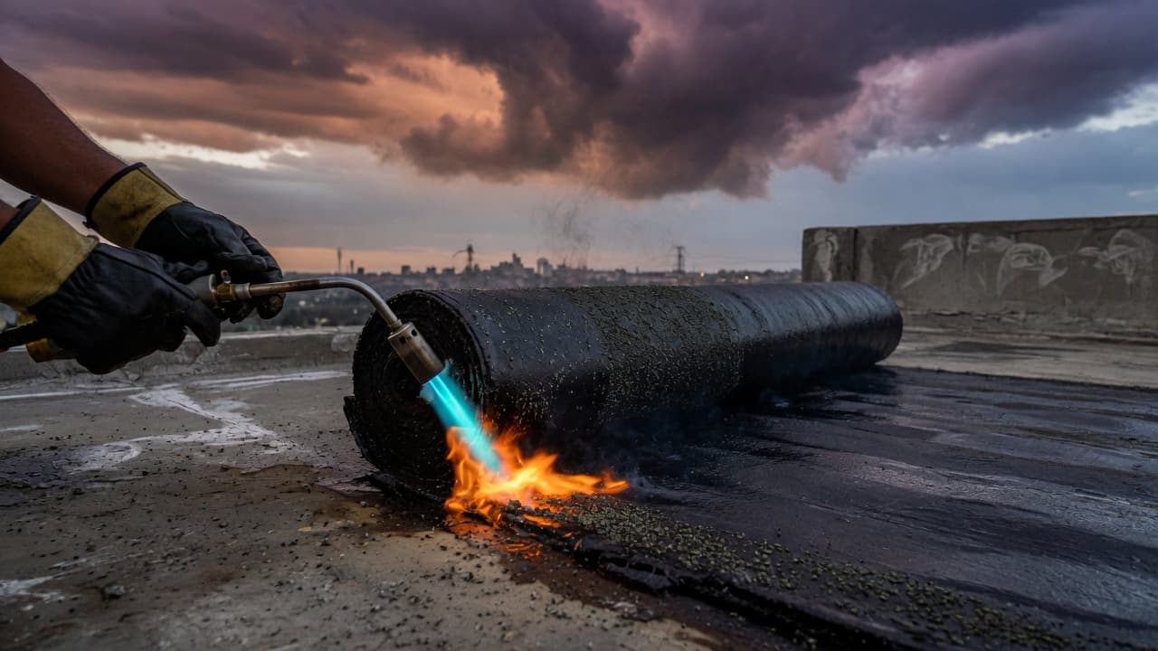 A bitumen membrane being heat-fused on a flat rooftop at dusk