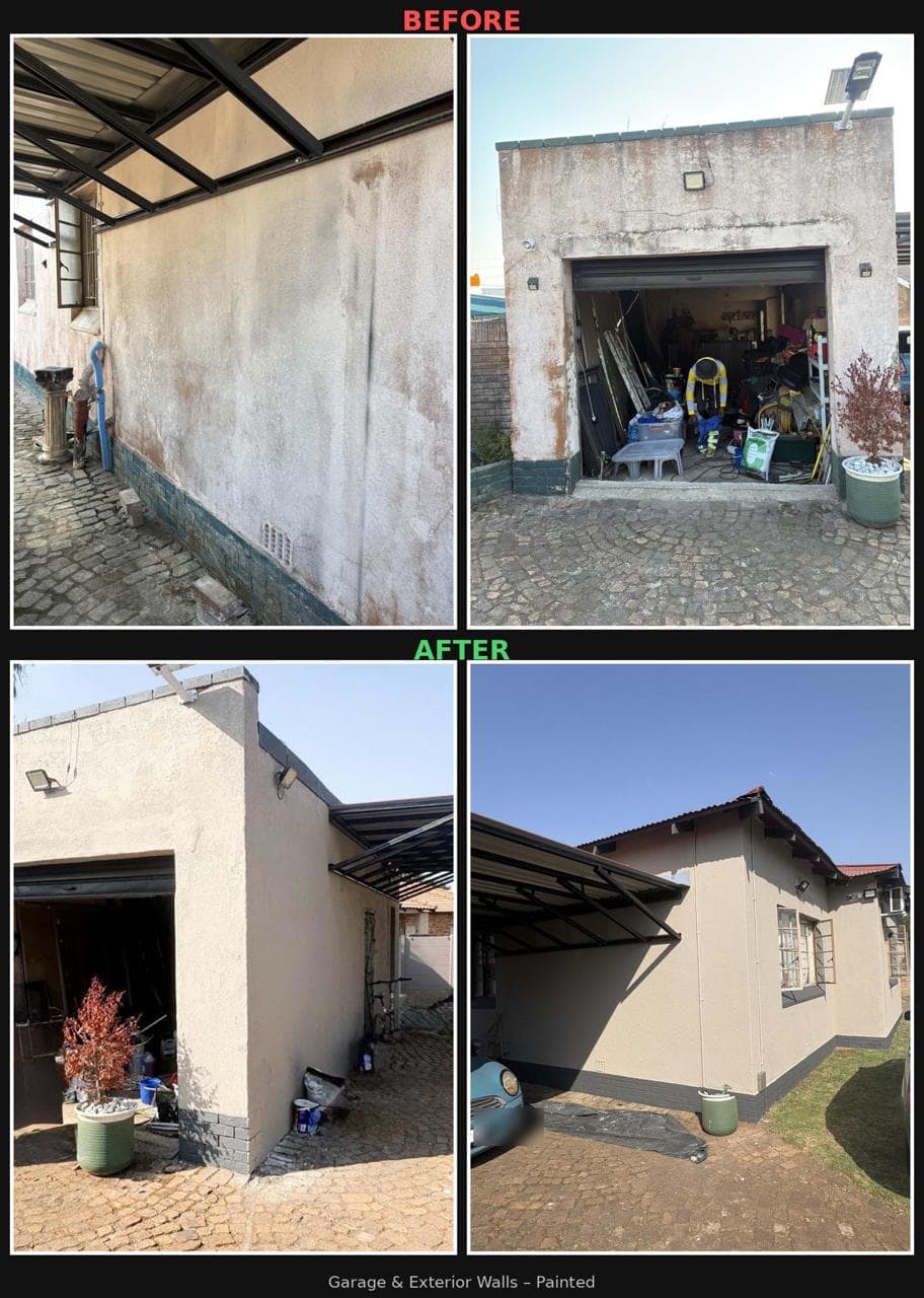 Garage and exterior walls, before and after painting