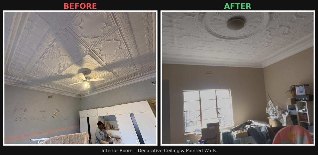 Interior room with a decorative ceiling and painted walls, before and after