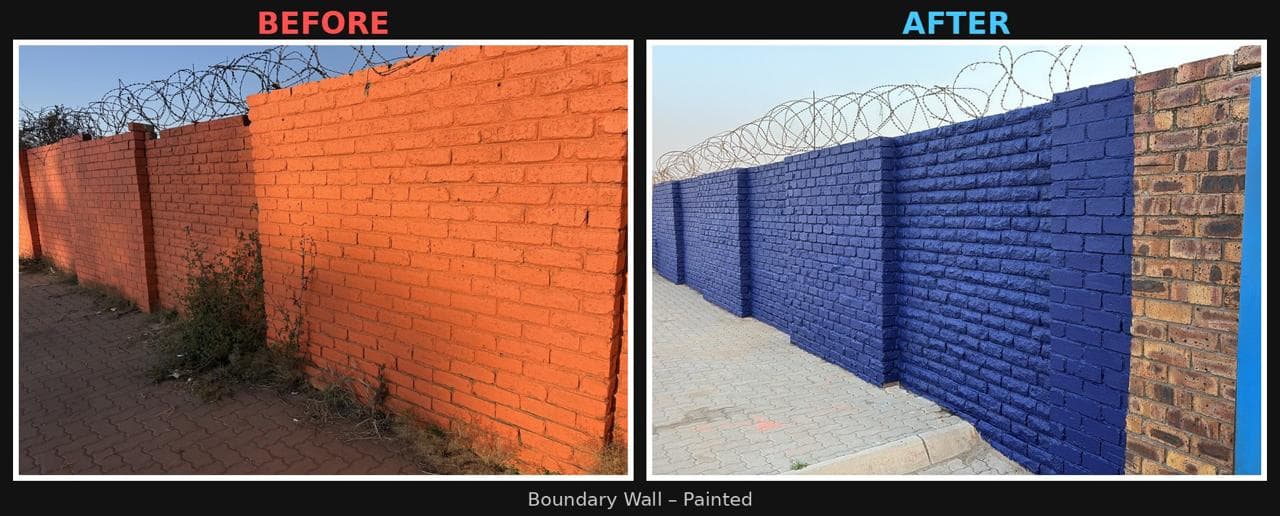 Boundary wall painted from orange brick to blue, before and after